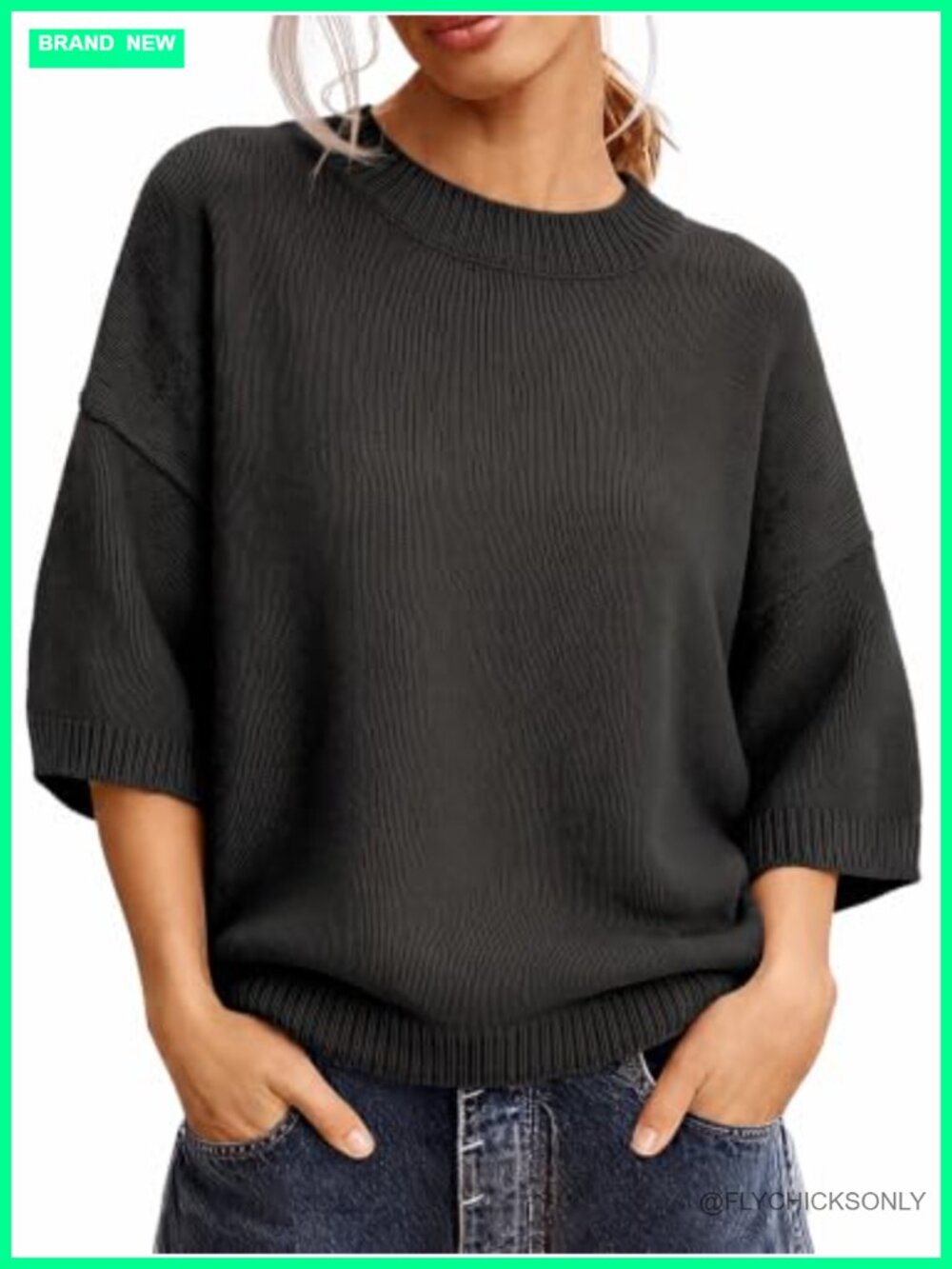 Womens Oversized Short Sleeve Sweater Crew Neck Knit Pullover Top